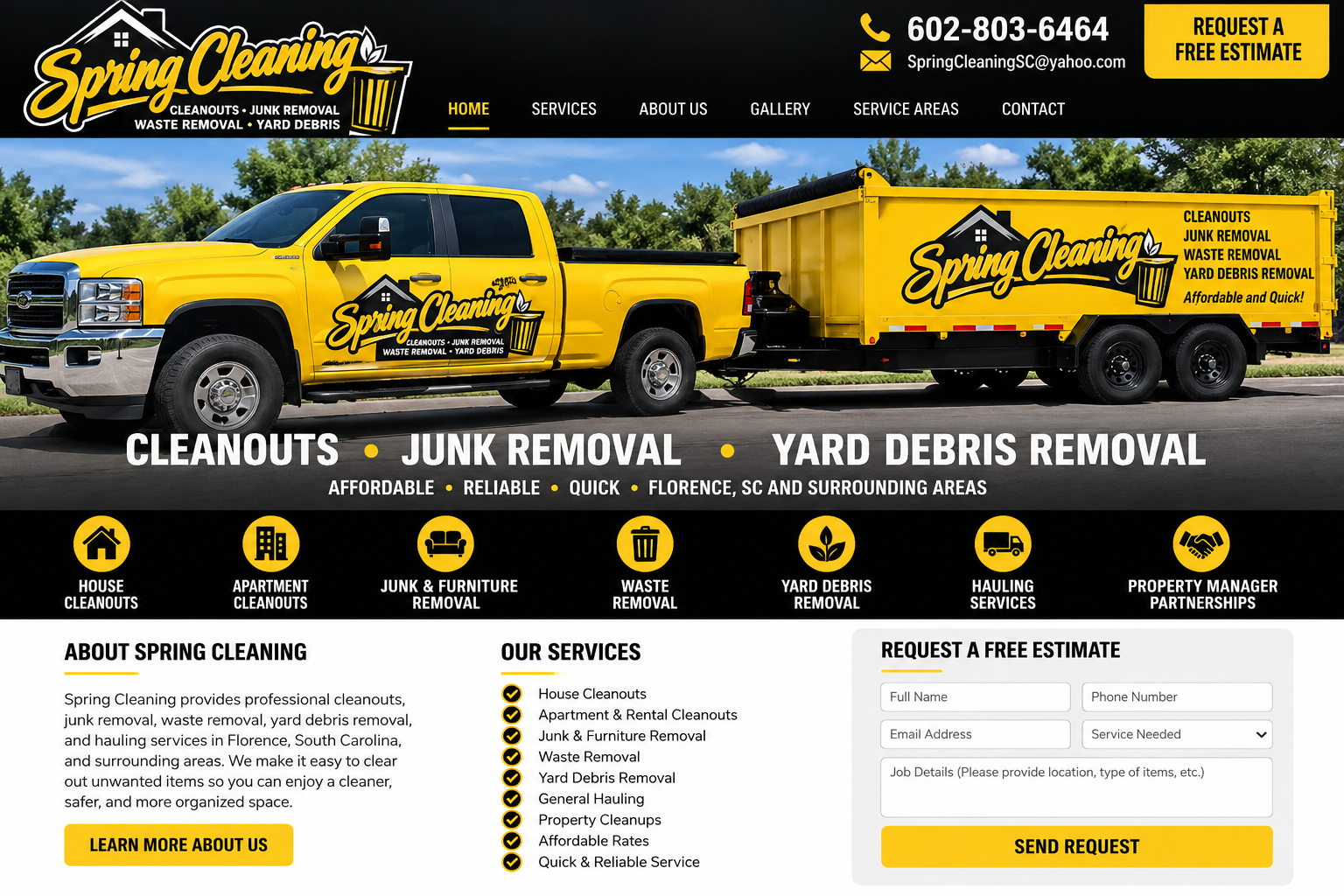 Spring Cleaning yellow truck and branded dump trailer for cleanouts, junk removal, waste removal, and yard debris removal